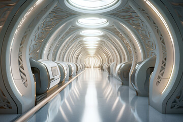 Futuristic Islamic Inspired Space Hall Interior extreme closeup. Generative AI