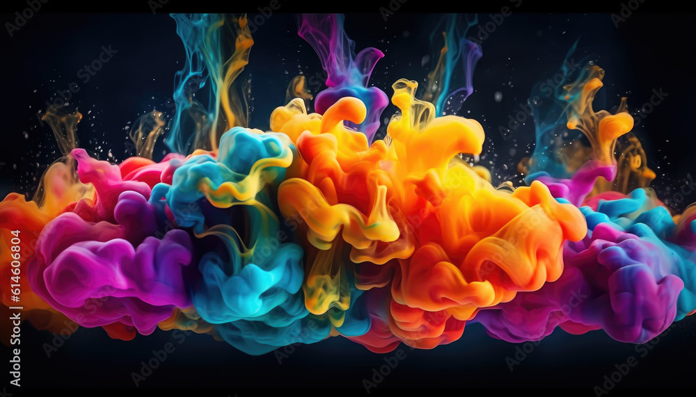Poster abstract color paint splash drops in water on a black background. generative ai