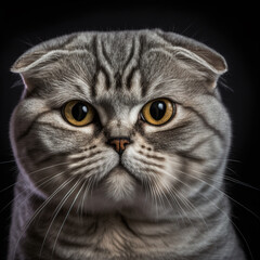 Studio shot with cute scottish fold cat portrait with the curiosity and innocent look as concept of modern happy domestic pet in ravishing hyper realistic detail by Generative AI.