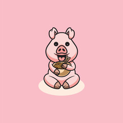 Cute pig eating noodle cartoon illustration