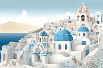 Travel to Greece Concept. Travel Poster with Paper Cut Out Beautiful Buildings on the Santorini Island extreme closeup. Generative AI - obrazy, fototapety, plakaty