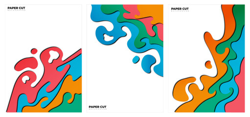 bundle set vertical A4 banners with 3D abstract backgrounds with colorful paper cut waves. Vector design layout for business presentations, flyers, posters, and invitations.