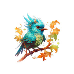 Fototapeta premium Breezy is a whimsical turquoise bird with long feathers and a wide, friendly smile.