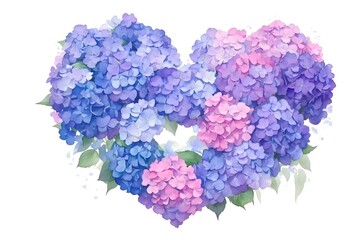 Beautiful watercolor floral bouquets with hydrangea flowers in pink purple and blue color in shape of a heart