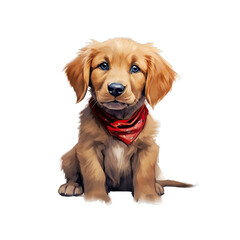 Caramel is a sweet golden retriever puppy with floppy ears and a wagging tail, wearing a red collar.