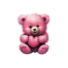 Obraz premium Cuddles is a fluffy pink teddy bear with a big smile and a heart-shaped patch.