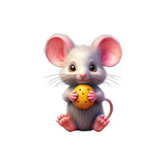 Pebbles is a cute gray mouse with pink ears and a long tail, holding a tiny piece of cheese.