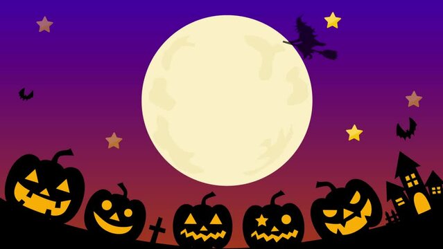 [文字なし]ハロウィンの夜、満月の中パーティーするかぼちゃとおばけ