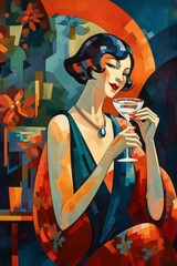 Expressionist painting of a woman from the 1950's holding a cocktail. Bar artwork.