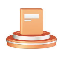 3d illustration icon design of metallic orange learning book with circular or round podium