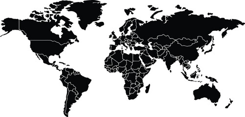 Monotone of World, black color shade of each continent, Simple flat vector map, isolated