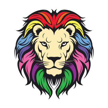 Lion head with colorful hair, Logo vector illustration design isolated