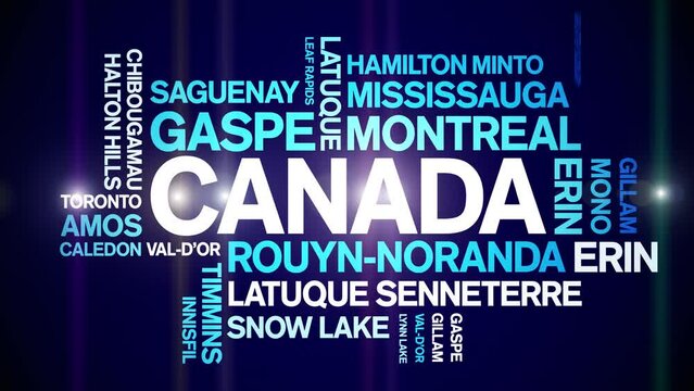 Canada animated tag word cloud;text design animation List of cities towns kinetic typography seamless loop.
