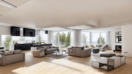 Living Room and Kitchen Layout Interior Design of a Modern House with Minimalistic Design. Mid-century design of a modern kitchen and living room combined in a contemporary and open-concept layout.