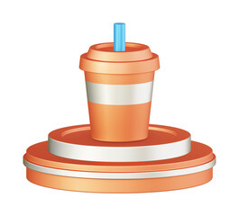 3d illustration icon design of metallic orange drink cup with circular or round podium