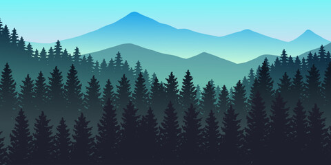 Fototapeta na wymiar Silhouette of nature landscape. Mountains, forest in background. Blue and green illustration