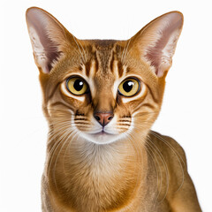 Adorable cheetoh cat portrait looking at camera on white isolated background as concept of domestic pet in ravishing hyper realistic detail by Generative AI.