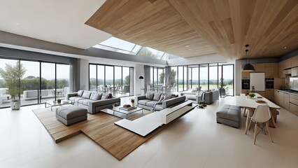 Living Room and Kitchen Layout Interior Design of a Modern House with Minimalistic Design. Mid-century design of a modern kitchen and living room combined in a contemporary and open-concept layout.