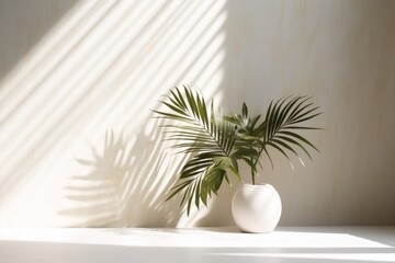shadow from palm leaves on the Ivory wall. Minimal abstract background for product presentation.