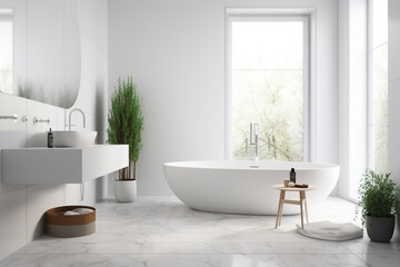 Fototapeta na wymiar Generative AI. White bathroom interior with concrete floor, white bathtub and sinks, side view. Minimalist bathroom with modern furniture