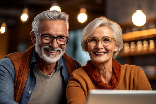 Happy Mature Elderly Couple Laughing As They Bond While Sitting At Home Table With Laptop. An Elderly Couple Is Making A Video Call To Children Using A Laptop With Internet.Generative A 