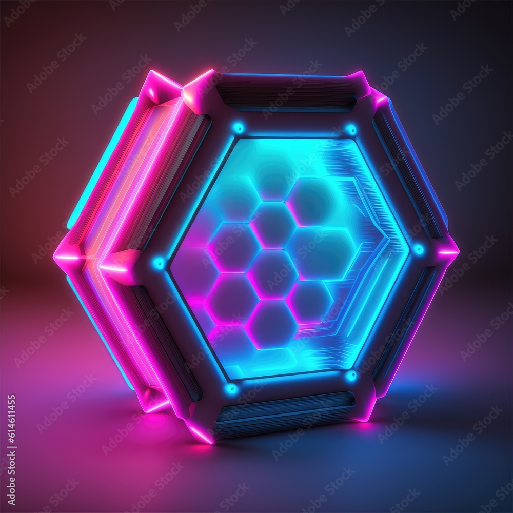 Poster overlapped lightning neon magical hexagon effecting on black background. reflection of glowing digit