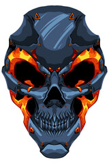 Fiery fiery iron skull robot, with eyes ablaze like molten coals, radiating an intimidating aura as its metal visage strikes fear into the hearts of all who behold it.