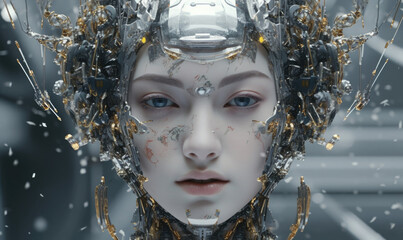 Portrait of half AI robot and humanoid