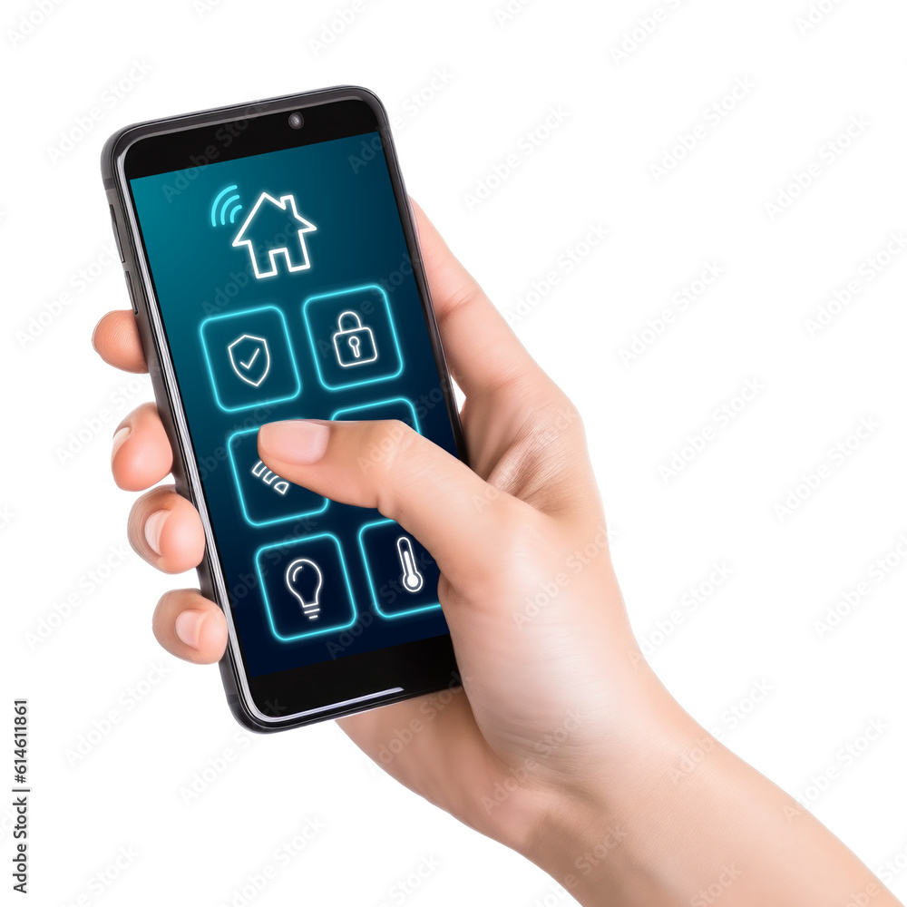 Wall mural hand holding phone with smart home app isolated on transparent background - generative ai