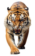 Obraz premium Angry Tiger Walking Front View Isolated on Transparent Background - Generative AI 