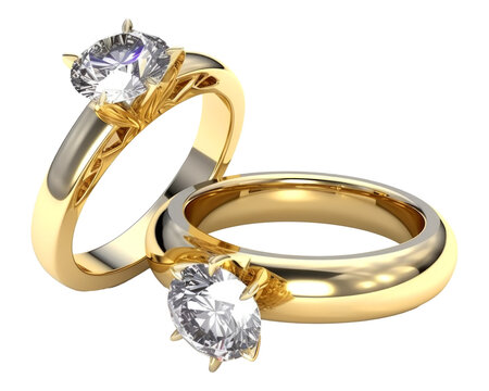 Gold Wedding Rings With Large Diamond Isolated on Transparent Background - Generative AI
