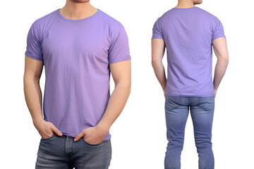 Photo realistic male purple t-shirts with copy space, front, and back view
