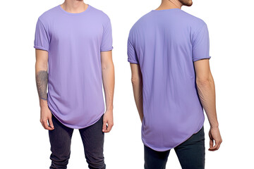 Photo realistic male purple t-shirts with copy space, front, and back view
