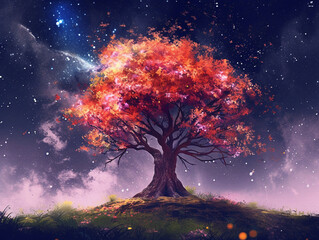 Giant tree and night sky with stars