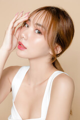 Young Asian beauty woman model pony tail hair with korean makeup style on face and perfect skin on...