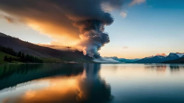 volcano emitting white smoke, cloudy, ash and eruption time lapse background. Great for news, websites, advertisements, social media, templates.