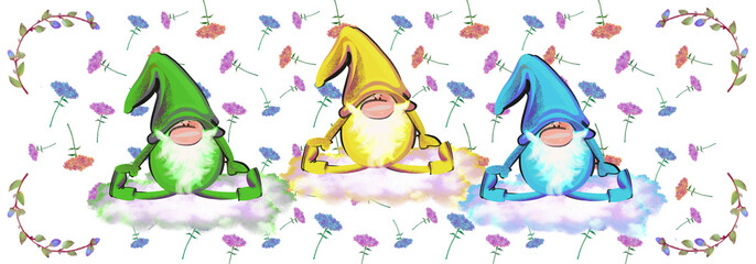 party streamers and confetti. Gnomes, beard man. Holiday Illustration, birthday party, yoga, relax.