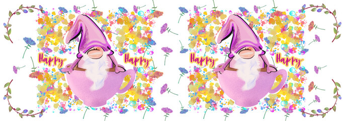 colorful confetti, flowers, gnomes, beard man. Holiday, Happy day. Horizontal watercolor banner.