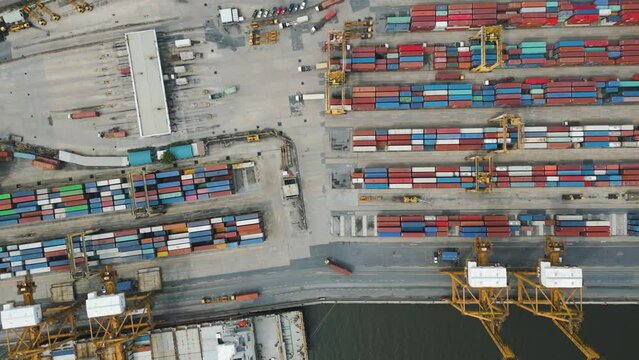 International Trade Routes: Import-Export Container Port Terminal Development in China and Other Countries - Aerial Top-Down View of a Vibrant Port