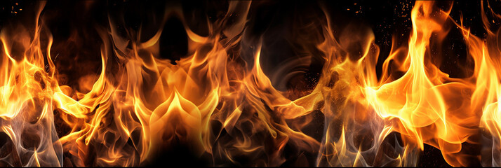 Fototapeta premium Realistic fire flames, An awe-inspiring image capturing the captivating flames in exquisite detail, framed in a 10:3 ratio, making it an ideal choice for website banner backgrounds. Generative AI