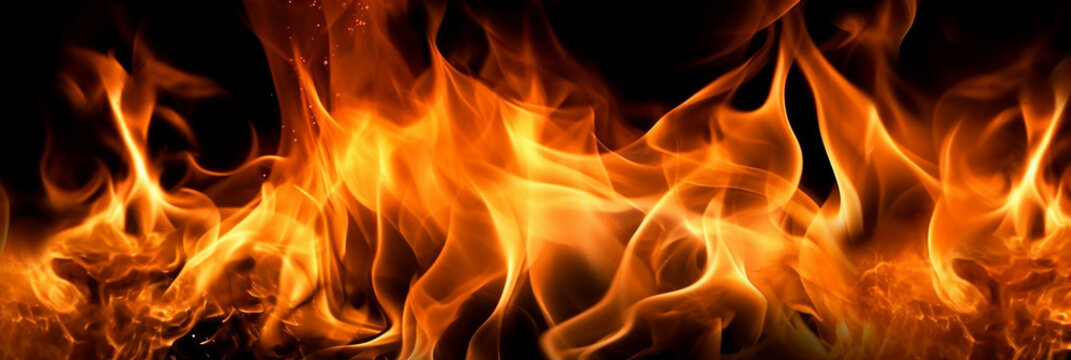 Realistic fire flames, A captivating close-up photograph that emphasizes the vibrant flames, framed in a 10:3 ratio, making it suitable for eye-catching website banner backgrounds.   Generative AI