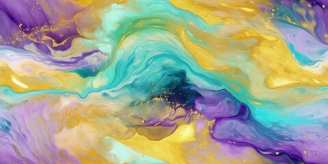 Fototapeta na wymiar Seamless pattern texture Violet yellow and turquoise oil paints mixed in chaotic waves. AI Generation 