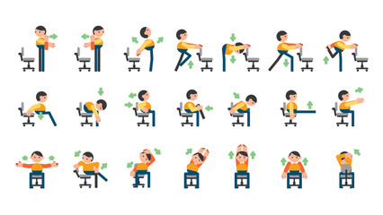 Office Stretches and exercises for the office, office yoga for tired employees with chairs.