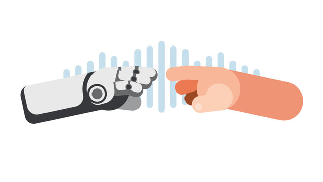 Vector Illustration Showing Human And Robot Hands Reaching Each Other. The Robot And The Person Hold Out Their Hands.