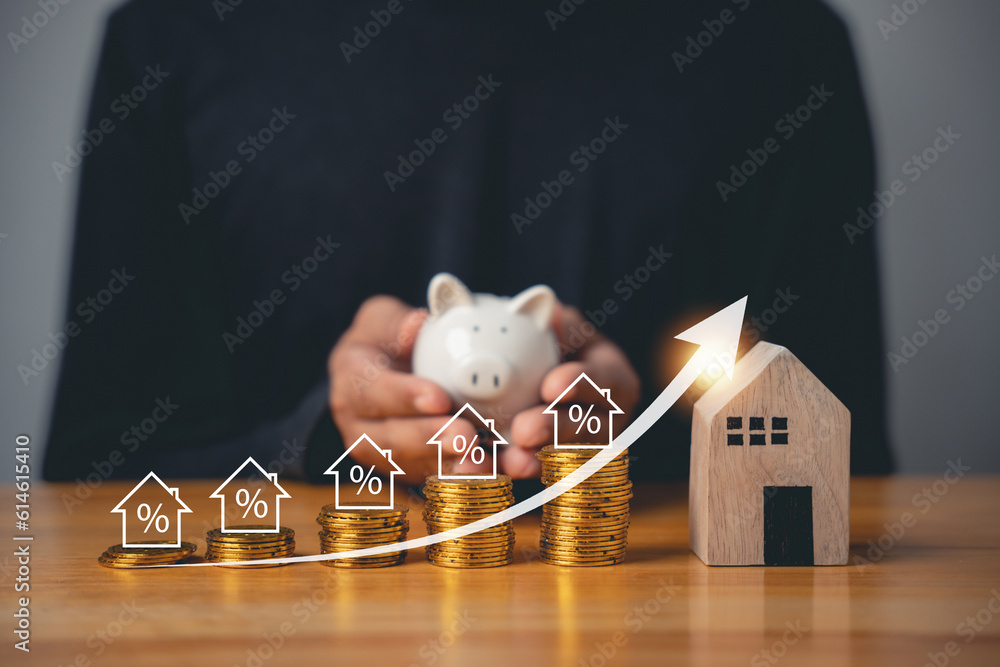 Poster piggy bank with coins stacked on wooden table with chart graph showing savings growth. concept of fi