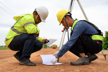 Asian surveyor engineer two people checking level of soil with Surveyor's Telescope equipment to...