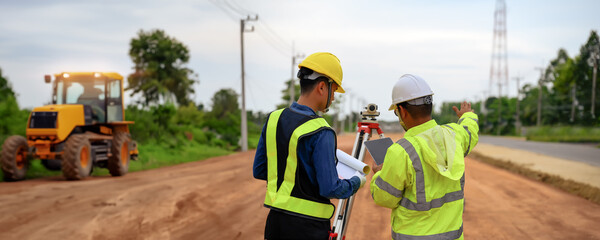 Asian surveyor engineer two people checking level of soil with Telescope equipment to measure leveling for cut and fill at the highway road construction site. Banner size with copy space. - Powered by Adobe