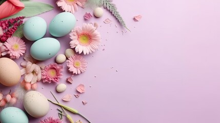 Fototapeta na wymiar Happy Easter Day banner concept design of colorful eggs and plants on pastel background