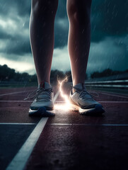 Runner foot on running track with Spark electric lightning  on the ground, Generative AI - 614615819