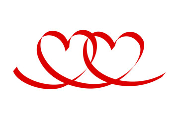 Two linked heart. Red heart shape from ribbon.